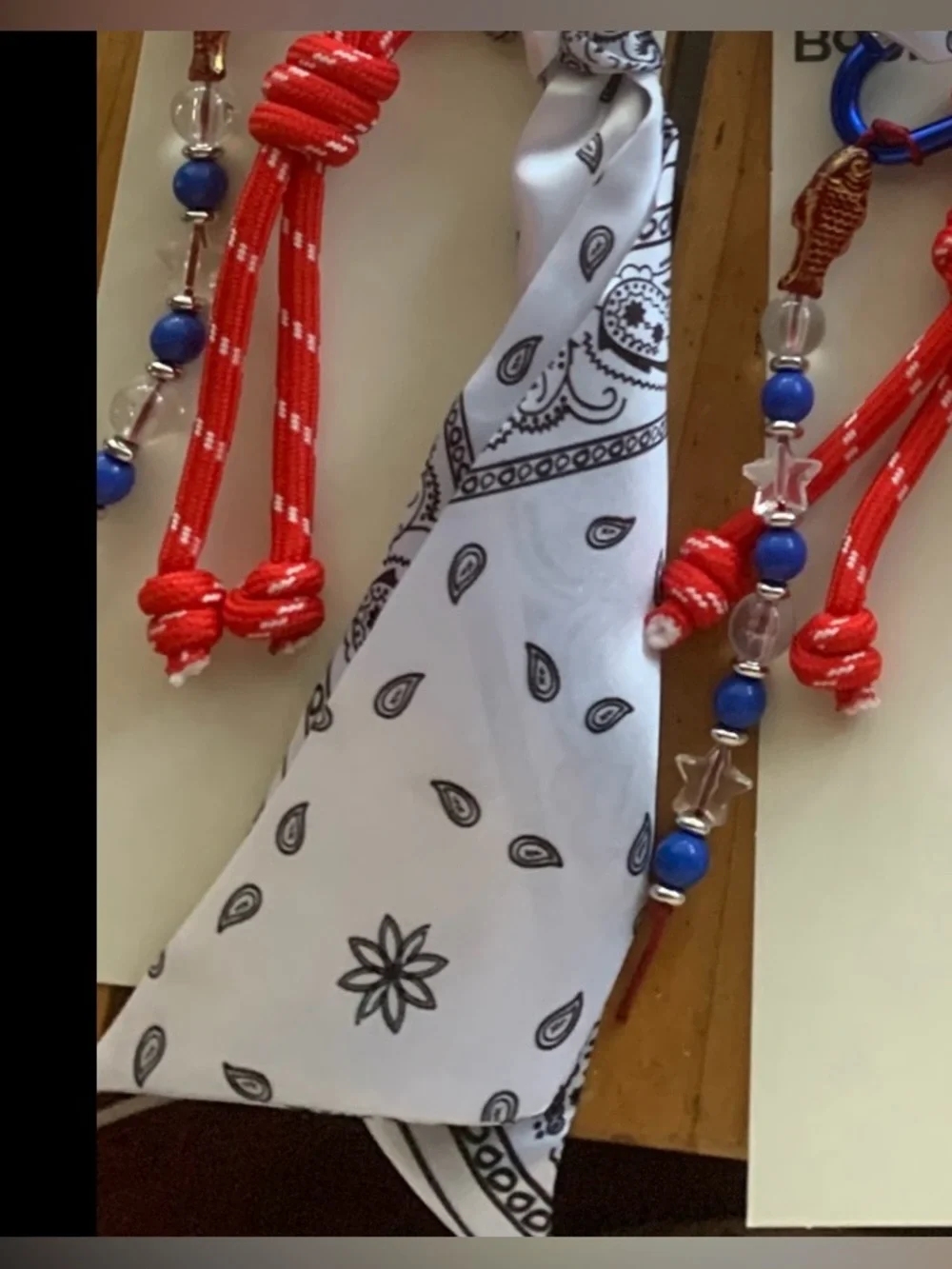 NWT Bag Charm White Bandana Face with Red Beaded Strap